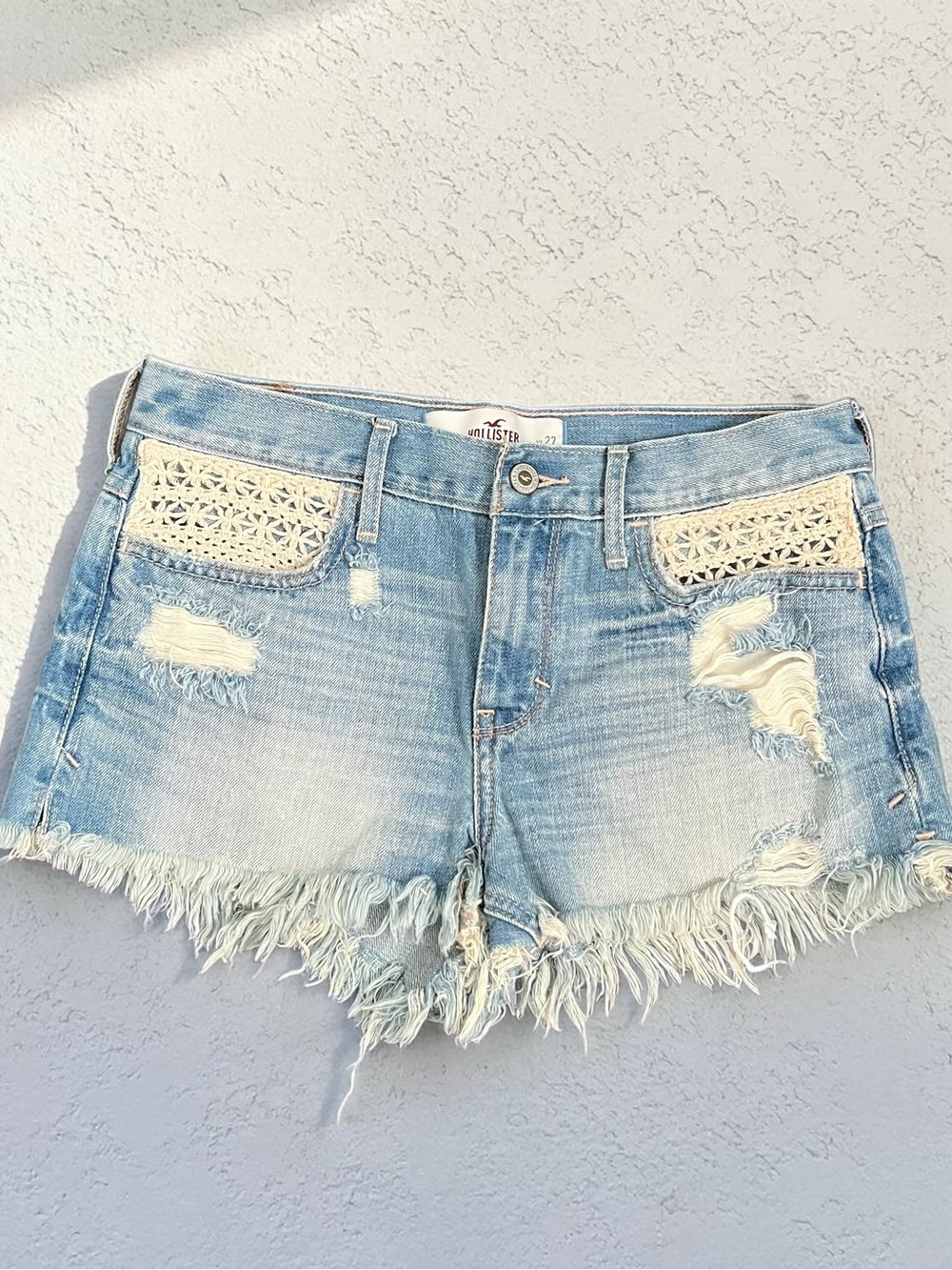 Vintage Hollister Distressed Denim Shorts Crochet Trim Festival Y2K 27